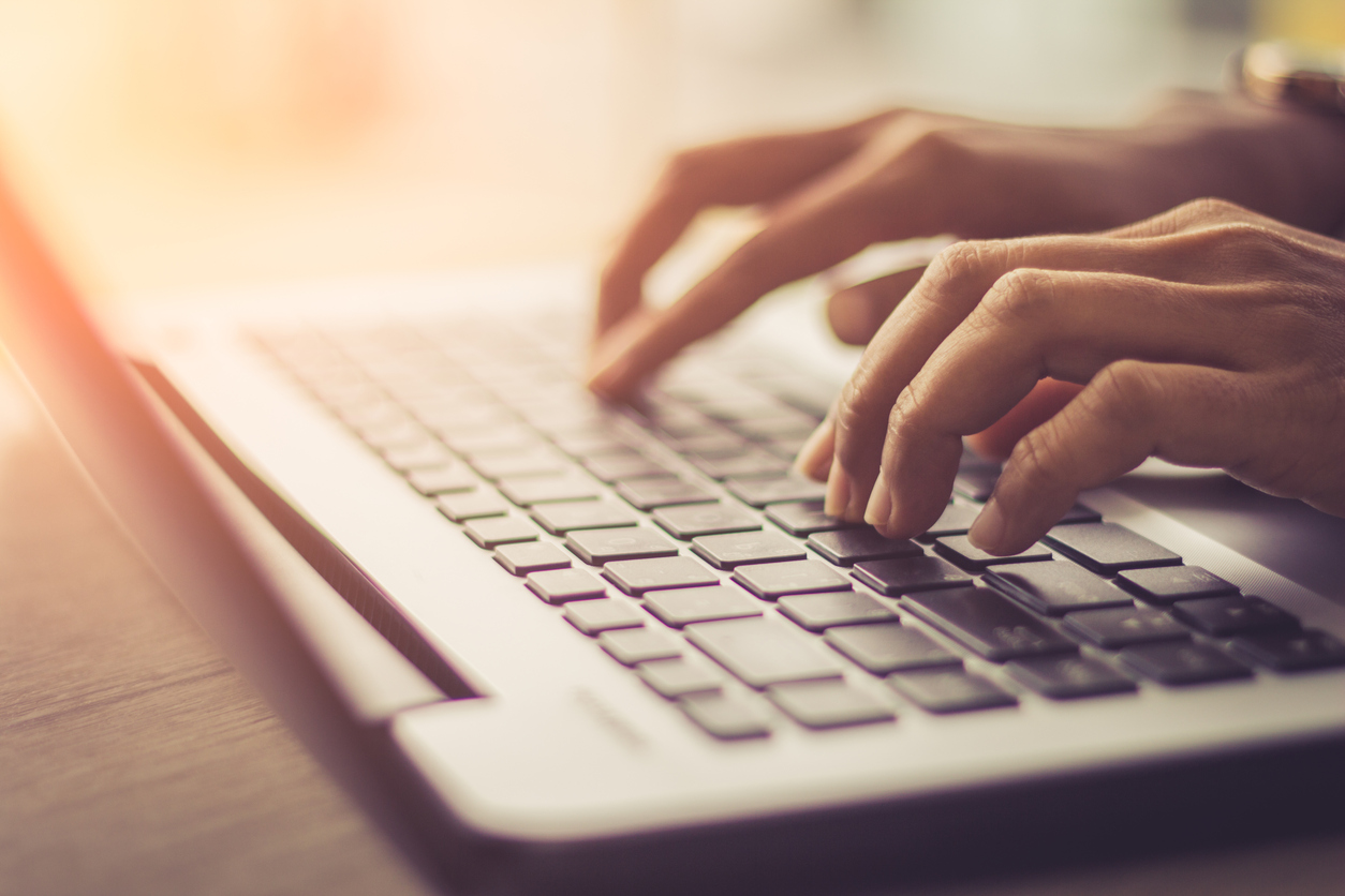 Laptop, Computer, Desktop PC, Human Hand, Office / soft focus picture / Vintage concept